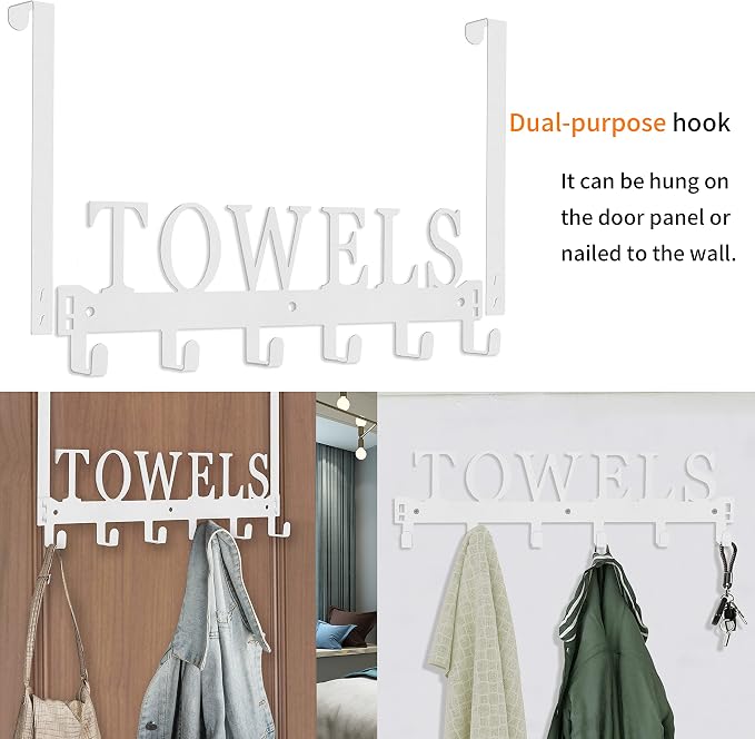 Over The Door Rack, Towel Hooks for Bathroom, Bath Towel Holder Door Mount Metal Towel Hanger for Bedroom Kitchen Pool Beach Towels Bathrobe Wall Mount Towel Rack for Bathrooms (6 Hooks, White)