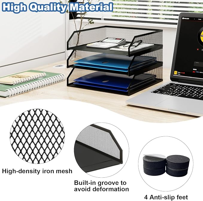 Natwind 3-Tier Stackable Metal Mesh Paper Organizer with Sliding Tray,Black | Desk Organizer for Office Supplies, Letter Tray For Desktop,File Holder For Home School Classroom Organization