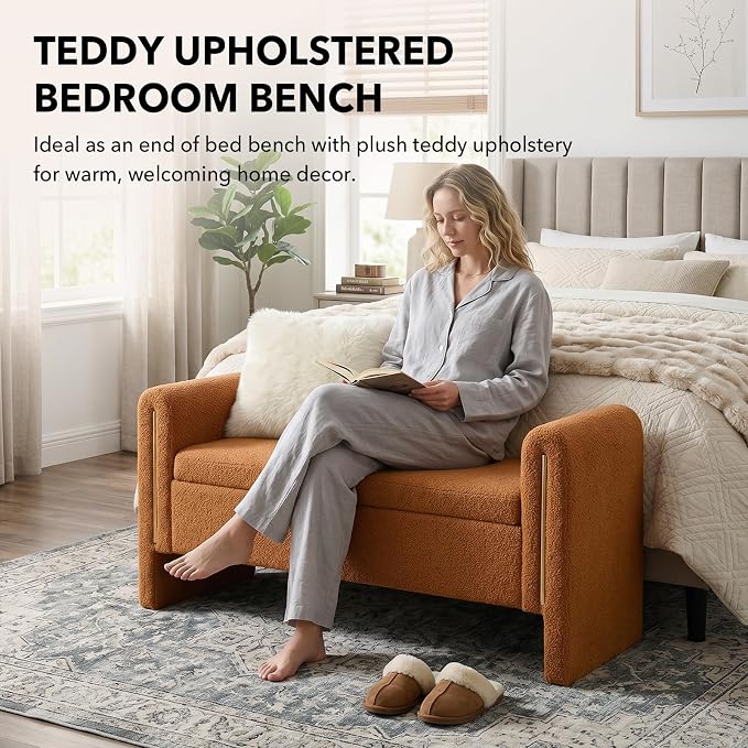 52" Flip-Top Storage Ottoman Bench, Teddy Entryway Bench (Coffee) | Teddy Fleece Upholstered End of Bed Bench with Armrests, Soft Padded Window Bench for Living Room Bedroom Entryway