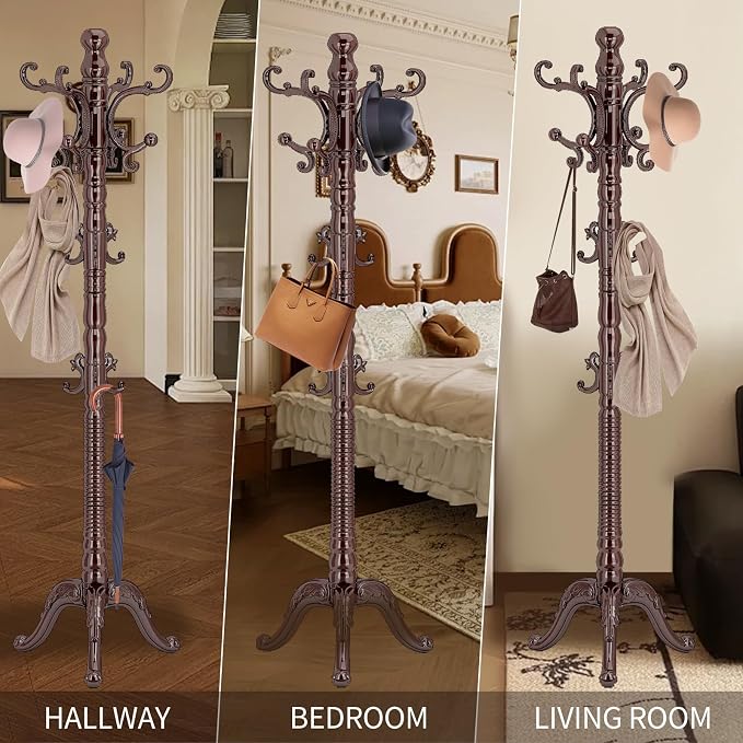 Wood Coat Rack Stand, Classic Wooden Coat Rack Freestanding with Sturdy Triangle Base, Vintage Coat Racks with 14 Hooks, Natural Birch Wood Entryway Corner Office Coat Hall Tree Hanger Stand