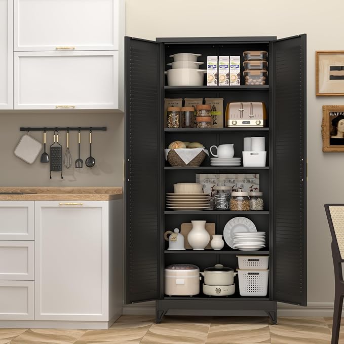 SteeLoong 75" Metal Storage Cabinet with Doors and 5 Adjustable Shelves | Kitchen Pantry Cabinet,Black Tall Freestanding Cupboard with Gold Handle,Steel Garage Cabinets for Tool,Office,Kitchen,School