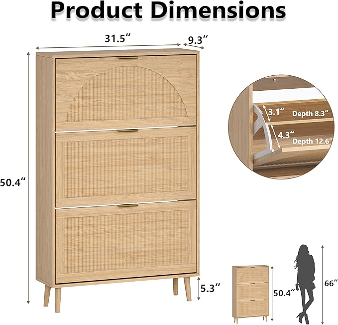 BORNOON Shoe Cabinet for Entryway with 3 Flip Drawers, Slim Wooden Shoe Storage Organizer with Modern Fluted Pannel，Freestanding Narrow Hidden Shoe Rack for Hallway, Foyer, Living Room
