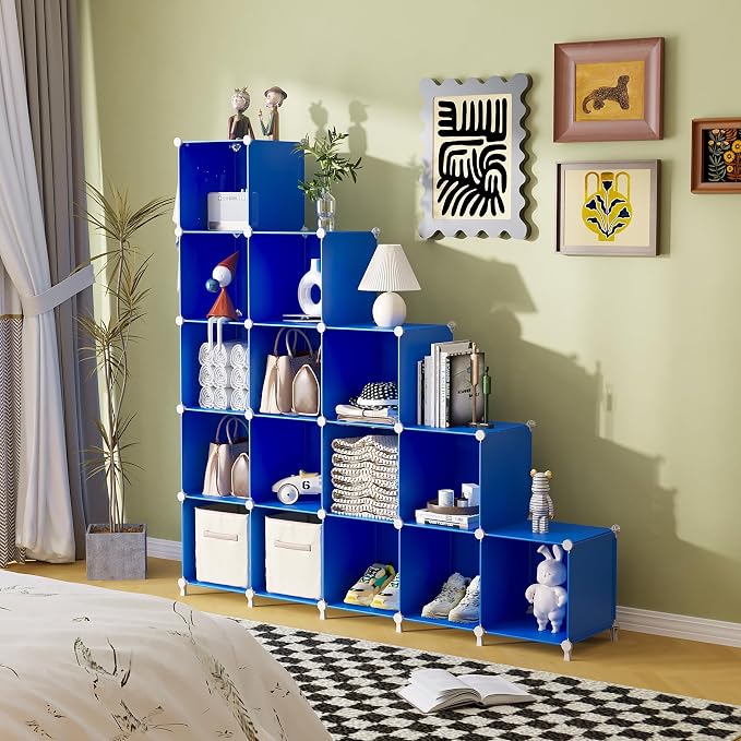 AWTATOS Cube Storage Organizer, Closet Organizers Storage Shelf, 16 Cube | DIY Stackable Storage Cube Shelves, Plastic Clothes Organizer Shelving for Bedroom, Home Office, Blue