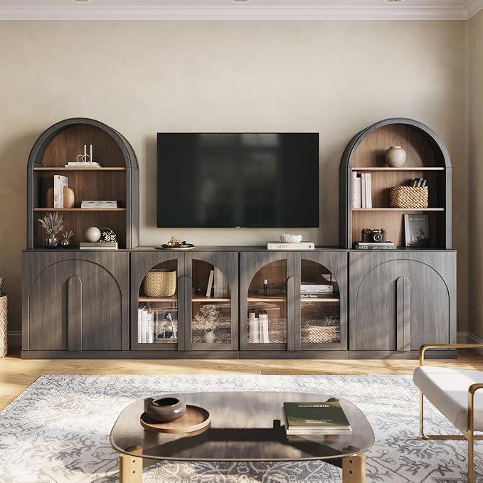 BELLEZE 4 Piece TV Stand Storage Set, Modern 2 Tall Entertainment Center with Storage Towers and 2 Wood Side Cabinets, Large Farmhouse Media Console for Living Room, Ebony