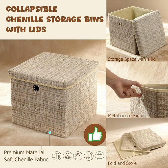 modscape 12x12x12 Collapsible Fabric Cube Storage Bins with Lids | Clothes storage bins for shelves, closet, bedroom. Decorative boxes with lids, treasure box for classroom(Shining Beige, 4)