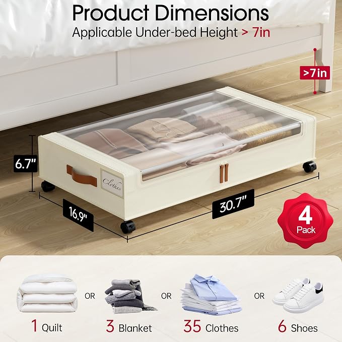 Yecaye 4 Pack Under Bed Storage with Wheels, Under Bed Storage Containers with Lids, Large Under Bed Rolling Storage with Clear Window & Label, Rolling Drawers for Clothes, Blankets, Books