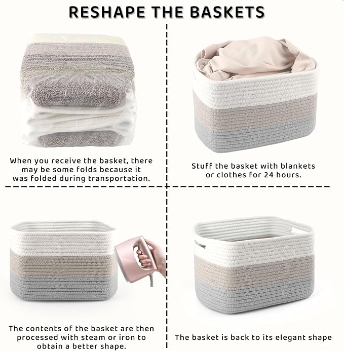 4 Pack Large Storage Baskets for Organizing, 16''Lx12''Wx8''H Woven Baskets for Storage Toys, Towels, Books, and Clothes, Cotton Rope Basket for Shelves with Handle