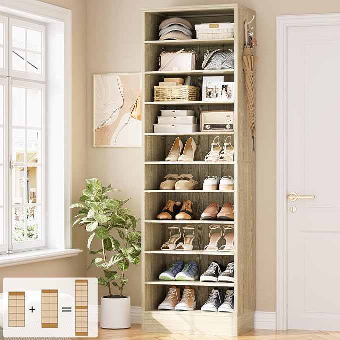 Aheaplus Tall Shoe Cabinet, 10 Tiers Narrow Wood Shoe Rack, Shoe Storage Organizer with Open Storage, Vertical Shoe Shelf Tower for 20-22 Pairs, Space Saving, for Closet, Entryway, Bedroom, 2White Oak
