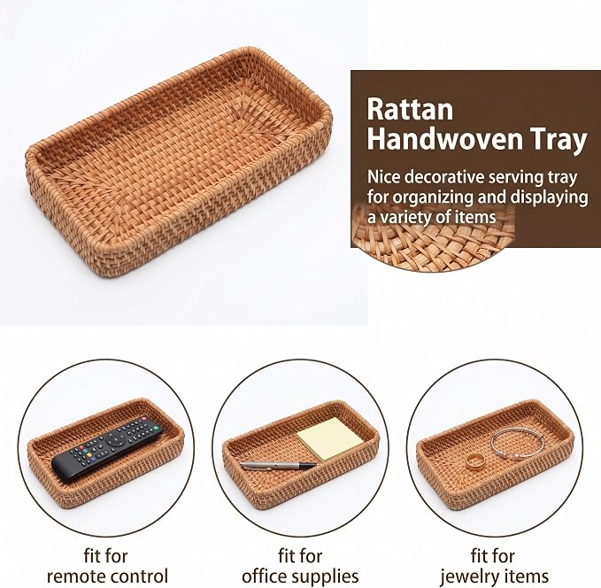 8 Inch Small Rattan Basket Natural Handwoven Tray for Keys Decor | Natural Handwoven Wicker Tray for Jewelry Keys Entryway Coffee Table Bathroom Vanity Wedding Christmas Housewarming Gift