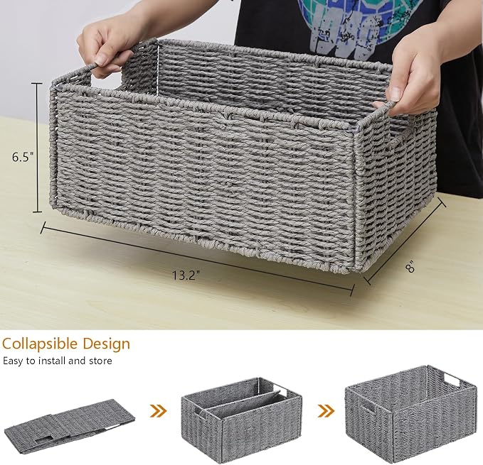 Vagusicc Wicker Storage Basket, Set of 2 Hand-Woven Paper Rope Wicker Basket, Small Storage Baskets for Organizing Toilet Paper, Foldable Large Cube Storage Organizer Bins for Shelves (Grey)