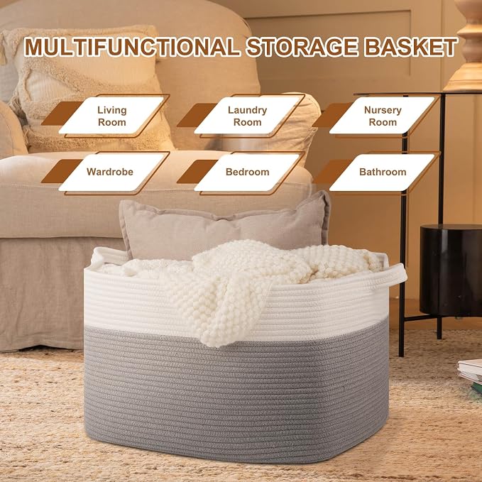 OIASKET Blanket Basket for Living Room, Cotton Rope Basket for Storage, Toy Baskets Bin for kids, Woven Baskets with Handles for Clothes, Towels, Pillows, 20" x 16" x 12", Grey and White