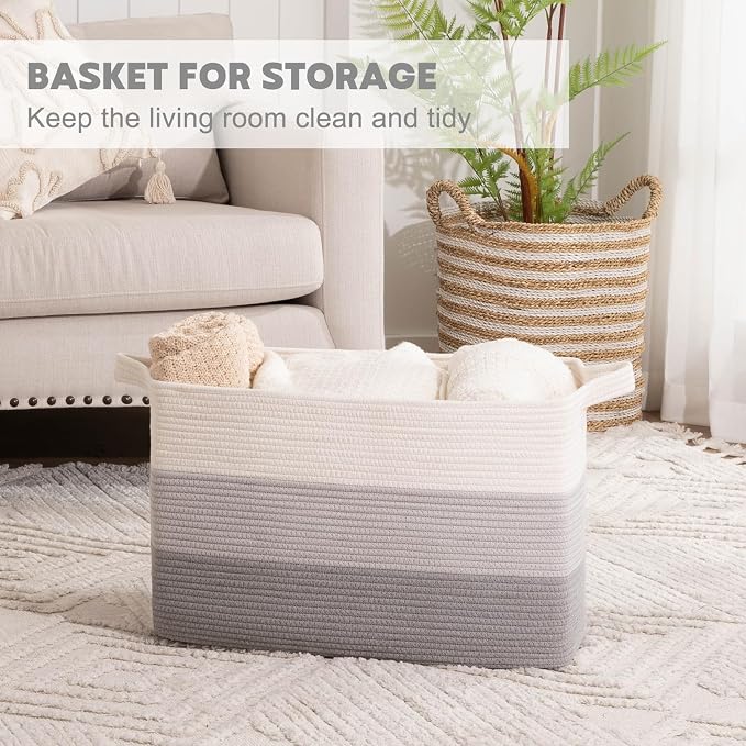 OIAHOMY Extra Large Blanket Basket, 95L Cotton Rope Woven Laundry Basket, Toy Bin for Baby Room, Container for Blanket Storage in Living Room, 24''×17''×14'', Gradient Grey