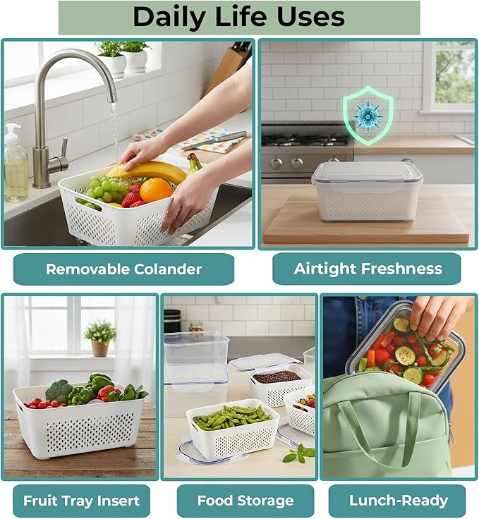 5 Pack Large Fruit Storage Containers for Fridge with Removable Colander | Plastic Food Storage Containers with Lids Airtight-Leak Proof Refrigerator Organizers and Storage of Vegetable
