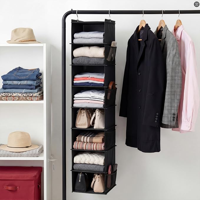 YOUDENOVA Upgraded Hanging Shoe Organizer for Closet, 8-Shelf, Black | Extra Wide Design, 8 Side Pockets, Hanging Shoe Rack Hanger, Dorm Storage, Perfect for Storing Shoes, Hats, Clothes, Jeans