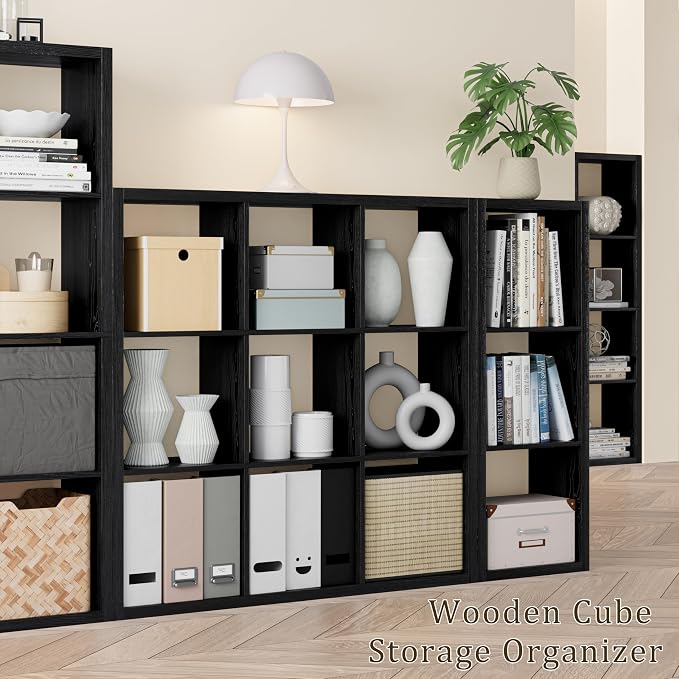 VDNEND Cube Storage Organizer Bookcase, Decorative 11 inch Open Back Cubical Shelf with Thickened Border, Display Bookshelf for Living Room, Home Office, Sturdy Room (Black, 9 Cube)