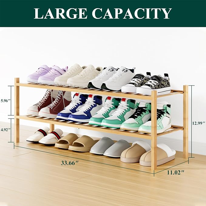 Smiry Bamboo Shoe Rack, 12 Vertical Slats, 2 Tier - 33.7" Wide, Natural | Stackable Free Standing Wooden Shoe Organizer, Wood Shoe Storage Shelf for Closet, Entryway