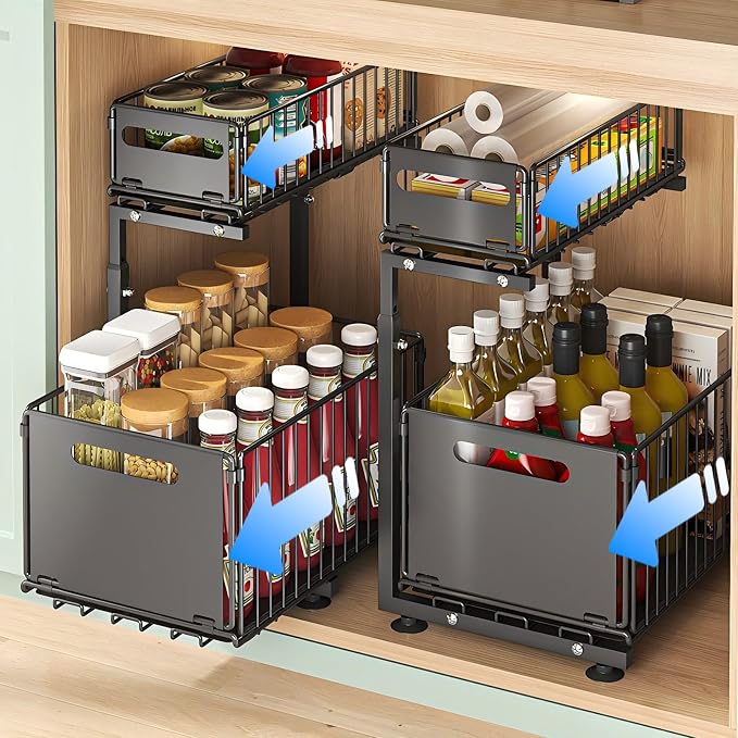 Under Sink Organizer, 2-Tier Multi-Use Kitchen and Bathroom Organizers and Storage, Slide Out Thickened Metal Under The Sink Organizer for Kitchen Bathroom Pantry (Style B Black, 2 Pack)