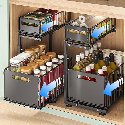 Under Sink Organizer, 2-Tier Multi-Use Kitchen and Bathroom Organizers and Storage, Slide Out Thickened Metal Under The Sink Organizer for Kitchen Bathroom Pantry (Style B Black, 2 Pack)
