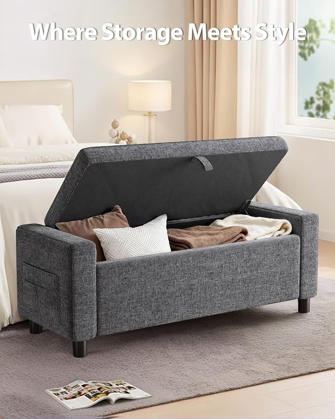 Amada 46" Ottoman with Storage, Side Pocket, Safety Hinge, Dark Gray | 30 gallon (112 liter) hidden storage, holds 400 lbs, 0.35" thicker wood panels, 3.14" thick foam, for end of bed, living room