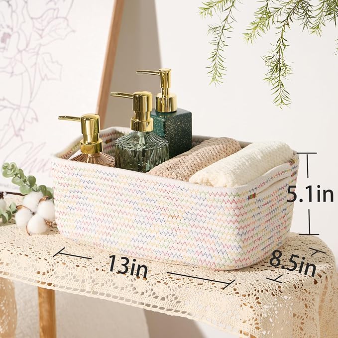 MiniArk Small Storage Baskets for Organizing | Closet Organizer Bins | Shelf Toy Basket | Woven Rope Baskets | Cube Decorative Box | Shallow Basket | 13x8.5x5.1” | 4 Packs Rainbow