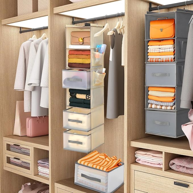 6-Tier Hanging Organizer w/ 3 Drawers,Side Pockets for Closet,Beige | Suitable for all wardrobe storage, with strong load-bearing capacity and easy to disassemble and assemble.