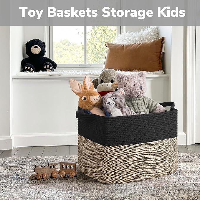 Goodpick 50L Large Wicker Blanket Basket, 18" x 14" x 12", Black Jute | Blankets, Pillows & Toys Storage, Decorative Storage Basket for Living Room & Bedroom Organization, Built-In Handles