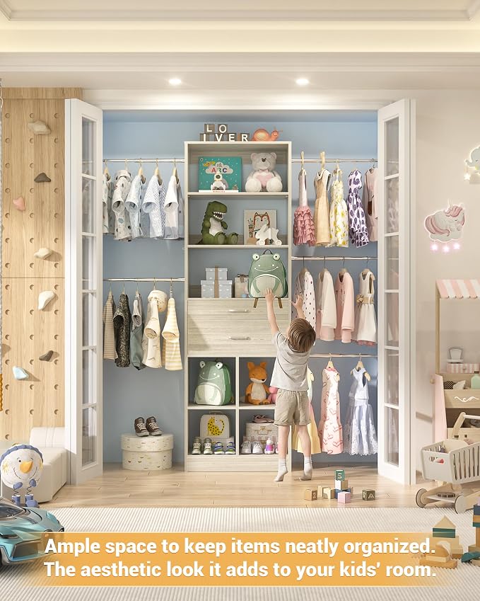 Besiost Small Closet System, 3.2-6.8FT Small Closet Organizer with 5 Hanging Rods, Can Fit 37.5 to 81.9 inch Walk-in Closet System, Built-in, Greige Oak, Enclosed Storage Volume 2.32 ft³