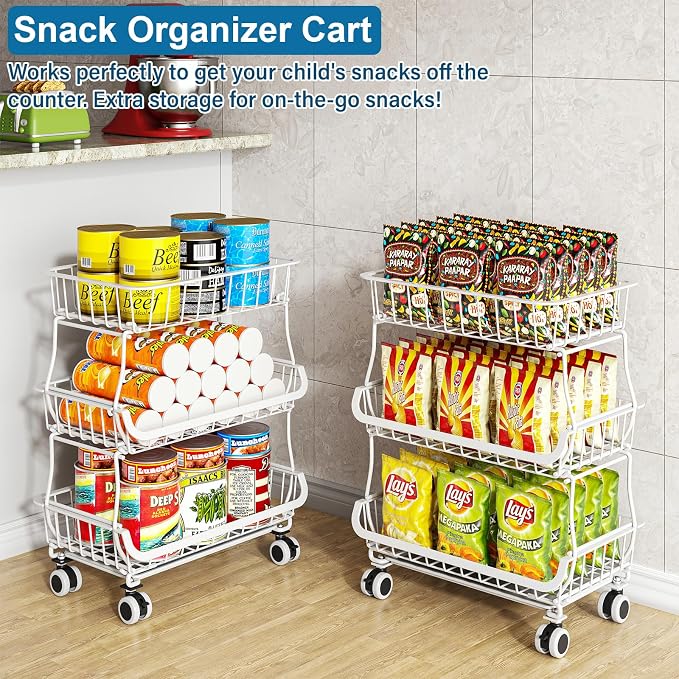 OKZEST 3-Tier Rolling Pantry Floor Organizer and Storage Cart with Wheels, Stackable Wire Pantry Baskets for Pantry Shelves, Kitchen Storage Rack and Fruit Basket Stand for Fruit Snack Onion Potato