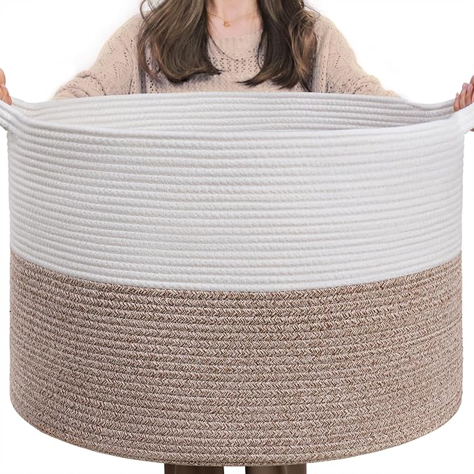 INDRESSME XXXLarge Woven Rope Blanket Basket Living Room Brown, 90L | 21.7" x 13.8" Storage baskets for toys laundry & pillows. Fits living room, bedroom or nursery décor. Soft-touch with handles