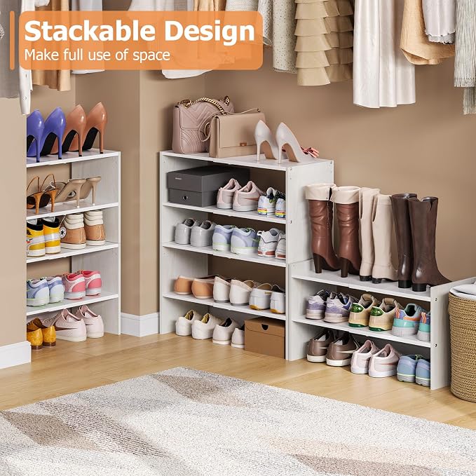 X-cosrack 2 Pack 2-Tier Shoe Rack Organizer for Closet, Expandable and Adjustable White Shoe Rack, Stackable Iron Wood Combination Shoe Storage Shelves for Closets, Entryway, Small Space, Garage