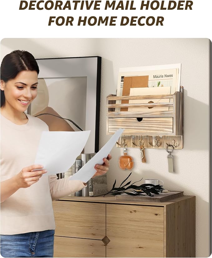 Rebee Vision Farmhouse Mail Organizer Wall Mount for Entryway, Natural Wood | Key and Mail Holder for Wall, 7 Key Hooks, Drawer Organizer, Mail Sorter, Key Hanger, Apartment Essentials, Home Decor