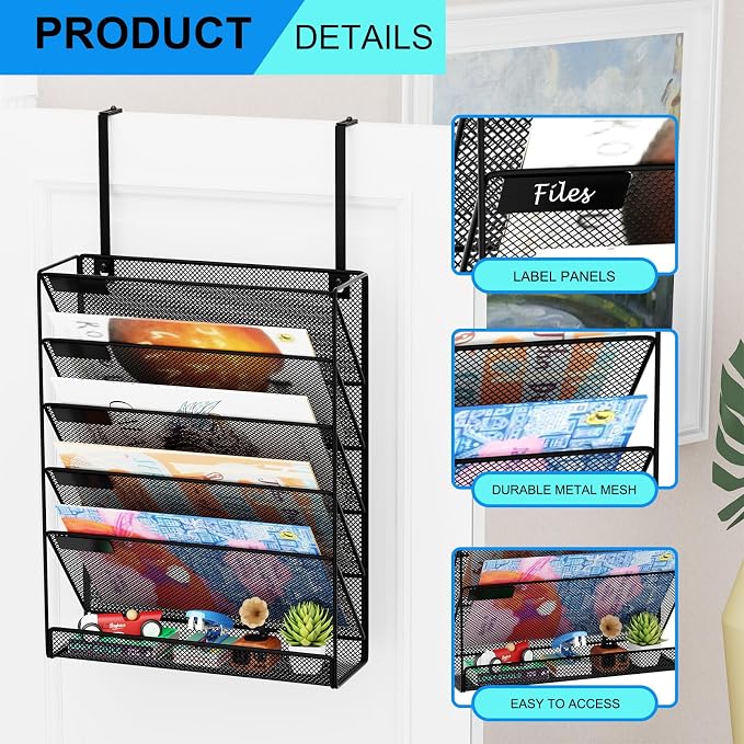 6-Tier Hanging File Organizer Office Cubicle Accessories for Work Organizer Wall Mount File Holder for Mails Folders Papers Magazine Organization, Black