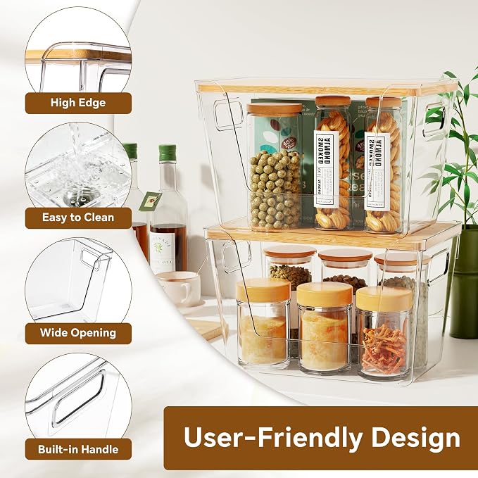 Criusia 4 Set Pantry Organizers and Storage with Bamboo Lids, Stackable Clear Bins for Onion, Potato, Fruit, Vegetables, Trash Bag Dispenser, Kitchen and Under Sink Organizer