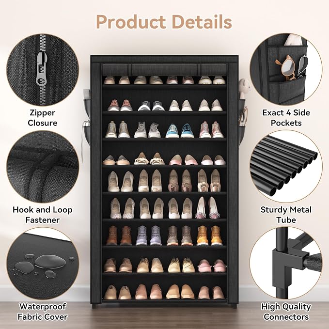 LANTEFUL Shoe Rack with Covers - 10 Tiers Tall Shoe Rack Organizer Large Capacity Shoe Shelf Storage 40 Pairs Space Saving Vertical Shoe Storage Organizer for Closet, Entryway, Dorm, Bedroom