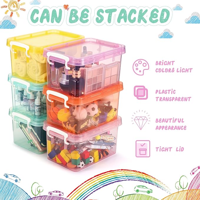 6 Pack Colorful Plastic Storage Bins with Lids 4 Quart Small Storage Latch Box Stackable and Nestable Clear Organizer Bins with Latching Handle and Buckle for Organizing(Colorful)