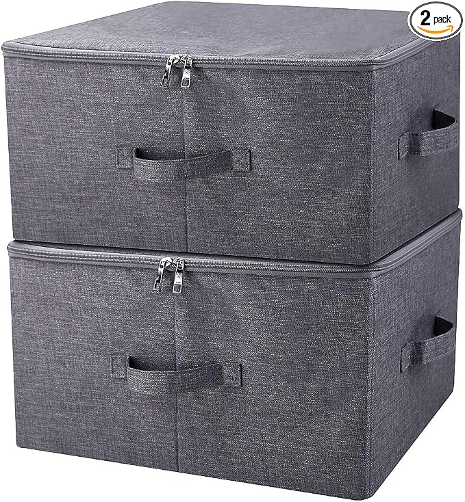 2Pcs Fabric Folding Washable Wardrobe Clothes Storage Baskets with Zip Lid | cabinets, shelves, attics, or atop closets organizer,17.6×13.6×9.7", Space Saving, breathable linen, sturdy plastic boards