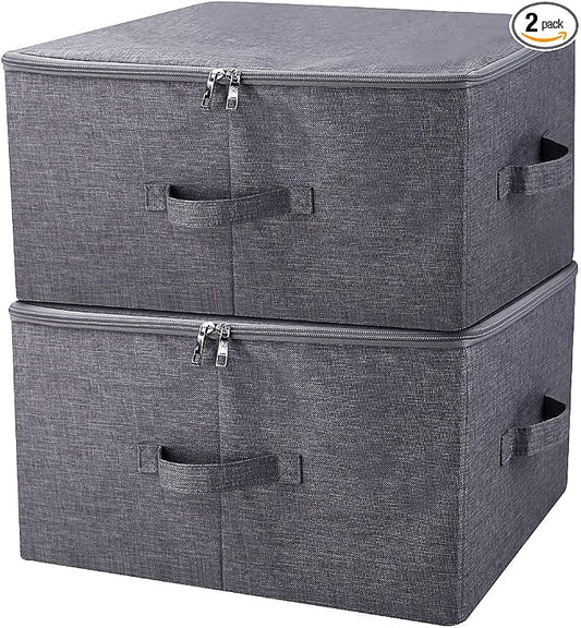 2Pcs Fabric Folding Washable Wardrobe Clothes Storage Baskets with Zip Lid | cabinets, shelves, attics, or atop closets organizer,17.6×13.6×9.7", Space Saving, breathable linen, sturdy plastic boards
