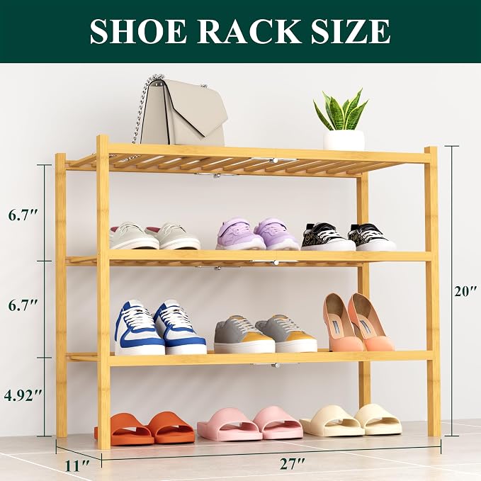 Smiry Bamboo Shoe Rack, 14 Vertical Slats, 3 Tier - 26.8" Wide, Natural | Stackable Free Standing Wooden Shoe Organizer, Wood Shoe Storage Shelf for Closet, Entryway, Thicher Leg