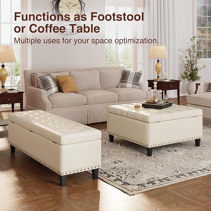 FiveWillowise 51 Inch Storage Ottoman Bench,Large End of Bed Storage Bench | Faux Leather Ottoman with Storage,30 Gallons,Upholstered,with Nailhead Trim,Legs,for Bedroom,Living Room,Entryway,Cream White