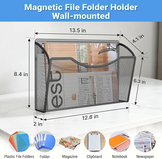 Gawerk Magnetic Wall File Folder, No Drilling Hanging Metal Document Paper Mail Organizer for Office Classroom Home (2)