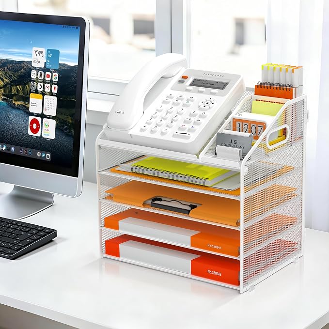DocNest 5 Tier Metal Mesh Desk File Organizer with Phone Shelf, White | Desktop letter tray sorter features a 9.1x9.1 inch top phone holder, built-in sticky note compartment and pen holder