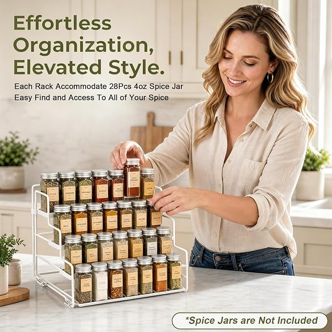 4 Tier Adjustable Spice Rack Organizer for Cabinet & Countertop | Adjustable-Depth Shelves, Tiered Visible Display, Raised Edge Guard, Vertical Space Saver, Metal Construction, White