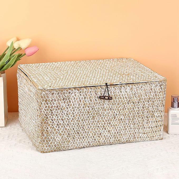 Hipiwe Wicker Woven Baskets Bin with Lid Seagrass Storage Basket, X-Large | Natural Decorative Baskets Rectangular Household Basket for Shelf Wardrobe Home Decor, Whitewash