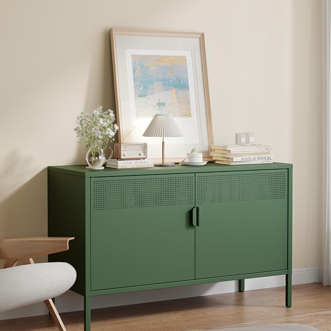 Metal Storage Cabinet with 2 Doors & Adjustable Shelves, Green | 25"H Accent Cabinet, Metal Locker Storage Cabinets, TV Stand Cabinet for Home, Office, Living Room, Entryway
