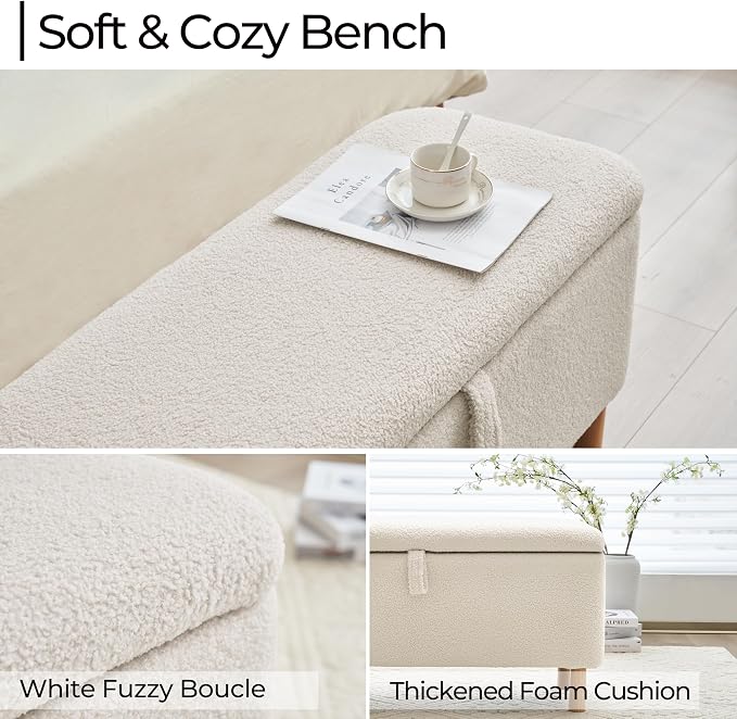 Boucle Storage Ottoman Bench for Bedroom end of Bed, Sherpa Upholstered Shoe Seat Storage Bench for Entryway Bed Foot, Rectangle Cushion Padded Blanket Chest Cute for Living Room, White