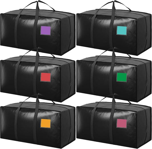 6 Pack Moving Bags with Full-Open Side Zipper, Extra Large 93L Heavy Duty Waterproof Foldable Storage Totes for College Dorm, Moving & Home Organization Black