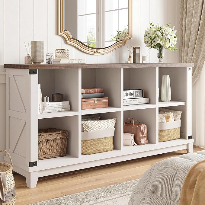 EnHomee Farmhouse 8-Cube Storage Organizer for Living Room, White | Home Organization Lovers, Wood & Metal, Holds 352 Lbs, Anti-Tip & Stabilizers