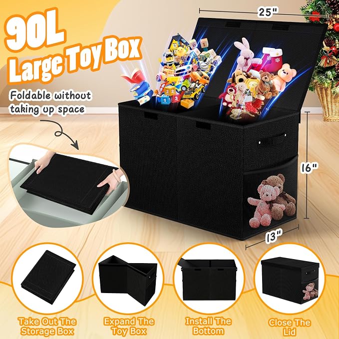 Large Toy Storage Box with Lid, Dividers, Collapsible Kids Toy Chest, Black | Toy Box for Boys, Girls, Nursery, Bedroom, Living Room, Playroom, 25 x 13 x 16 inches