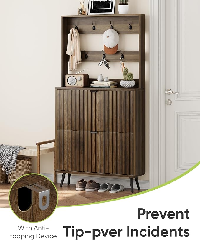 Smart FENDEE Tall Shoe Cabinet with Coat Rack,Fluted Shoe Cabinet Storage for Entryway, Walnut Hidden Shoe Cabinet with Metal Legs,Shoe Organizer Cabinet, Slim Entryway Shoe Storage Cabinet （31.5in）