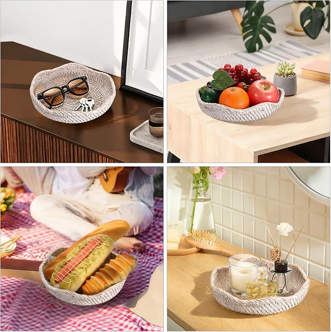 Hipiwe Decorative Key Tray Rattan Storage Bowl Food Serving Basket for Fruit Bread Candy Handwoven Basket Tray for Entryway Table Kitchen, Whitewash 8.5 Inch